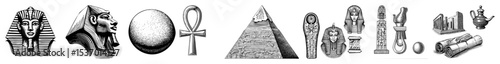 Vector Ancient cultural artifacts including masks pyramids and symbolic objects are presented as detailed vector illustrations.