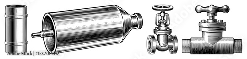 Vector Detailed illustrations of industrial components including a cylindrical vessel and a control valve.