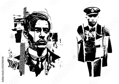 Vector Stylized portraits of men in suits and uniform rendered as bold vector illustrations.