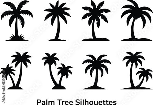 Palm Tree Black Icons Silhouette Vectors Different Style Tropical Island Graphics

