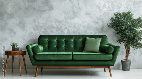 Green living room interior with a comfortable sofa, contemporary furniture, and stylish decor