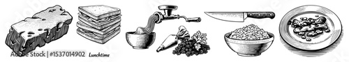 Vector Culinary elements including cheese sandwiches a spice grinder and a bowl of food are presented as vintage-style illustrations.