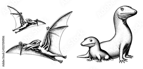 Vector Vintage prehistoric creatures featuring pterodactyls in flight and a long-necked dinosaur.