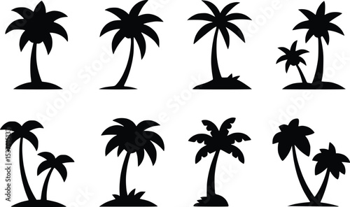 Palm Tree Black Icons Silhouette Vectors Different Style Tropical Island Graphics
