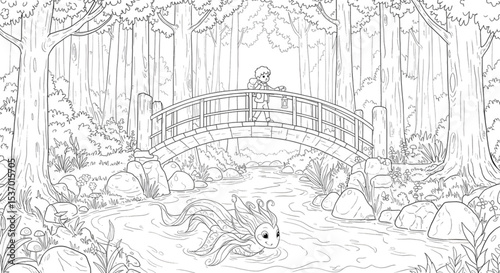 Enchanted Forest Bridge A Serene Coloring Page Illustration