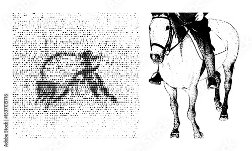 Vector Equestrian rider and horse with halftone effect.