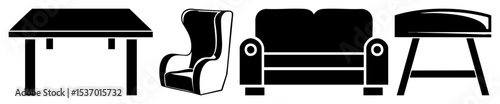 Vector Black silhouette illustrations of a reclining armchair from multiple perspectives.