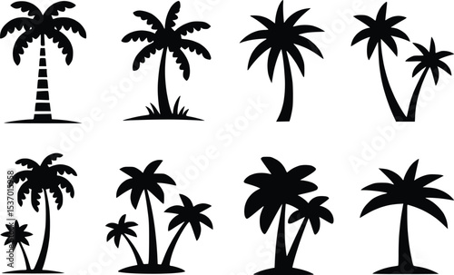 Palm Tree Black Icons Silhouette Vectors Different Style Tropical Island Graphics
