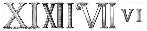 Vector Vintage Roman numeral displaying the numbers XIV XII VII and V.