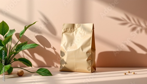 high quality, contemporary digital render of a paper bag with leaves, smooth gradients, soft shadows, minimalist aesthetic