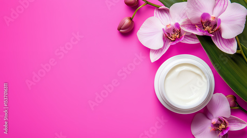 Natural skincare cream with orchid flowers on pink background