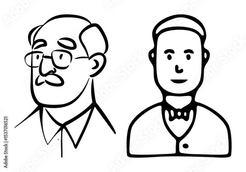 Vector Two male portraits one elderly with mustache and glasses the other young with bow tie.