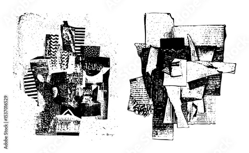 Vector Abstract geometric faces depict a stylized human interaction.