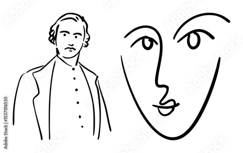 Vector Portraits of a man and abstract face in linear style.