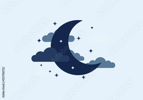 Crescent Moon with Clouds and Stars on a Light Blue Background Illustration