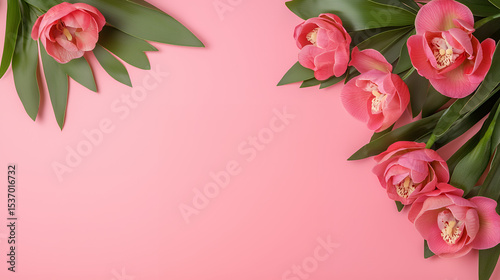 Pink rose flowers frame on pastel pink background