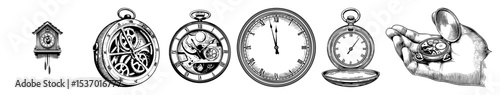 Vector Vintage timepieces including a cuckoo clock and pocket watches are illustrated in detailed engravings.