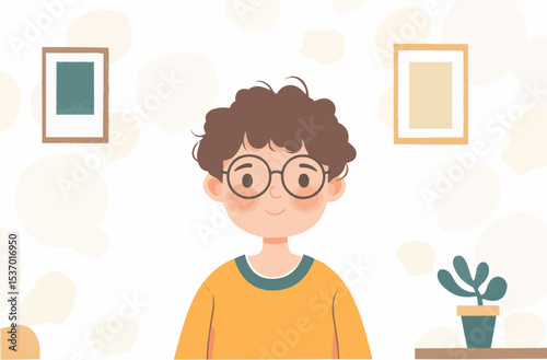 Vector Illustration of a Smiling Curly-Haired Boy with Glasses Standing Inside His Home with Wall Background