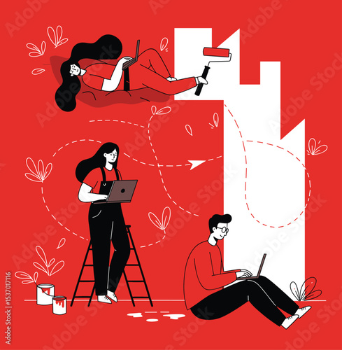 Team Collaboration in Home Renovation: Creative Illustration of Painting and Planning