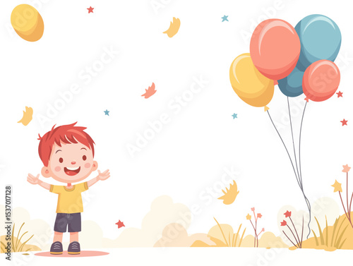 Flat Vector Illustration of a Little Boy Reaching to Catch a Balloon on a Clean White Background