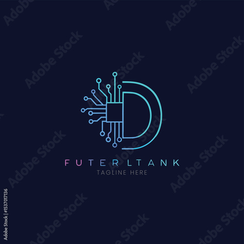 Futuristic Logo Featuring a Circuit Board Design and Letter D in Blue Gradient Shade