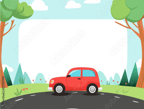Cute Vector Frame with Car and Simple Landscape Elements for Children, Featuring Hills, Trees, and a Sunny Sky