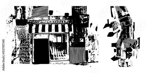 Vector Urban storefront features architectural details and abstract figures.