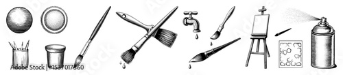 Vector Artistic tools including brushes sponges and spray cans are arranged in a detailed .