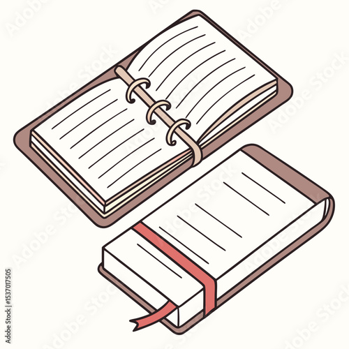 Open spiral bound notebook and closed book with ribbon bookmark