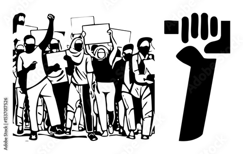 Vector Protestors with raised fists and signs demonstrate for social justice.