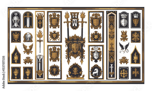 Vector illustration inspired by a medieval heraldic and Gothic ornamental motif collection, such as knight helmets, swords, lions, griffins, dragons, Pegasus, flaming torches, easily editable.