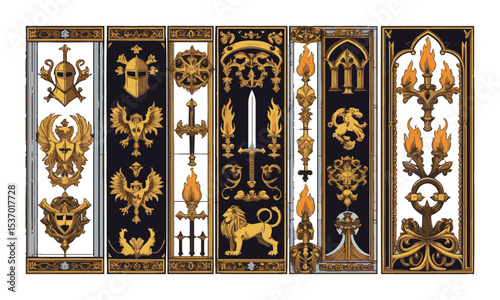 Vector illustration inspired by a medieval heraldic and Gothic ornamental motif collection, such as knight helmets, swords, lions, griffins, dragons, Pegasus, flaming torches, easily editable.