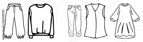 Vector Fashionable apparel collection featuring pants sweatshirt jeans tunic and blouse illustrations.