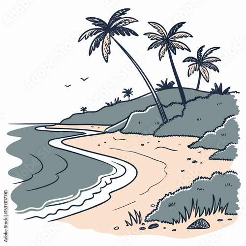 Serene beach scene palm trees ocean waves sandy shore