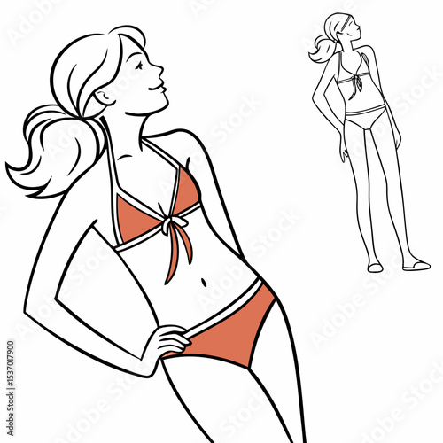 Woman in coral bikini summer fashion illustration