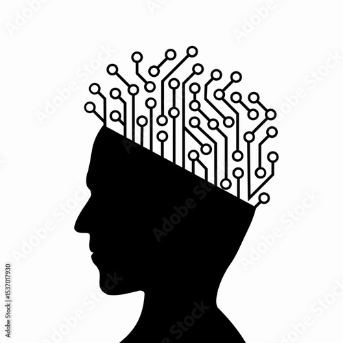 Silhouette of a human head with an electronic circuit instead of hair. Isolated on a white background. Vector illustration