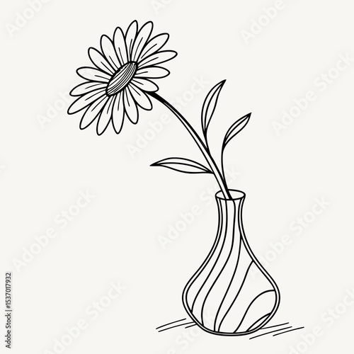 Single daisy flower in striped vase line art illustration