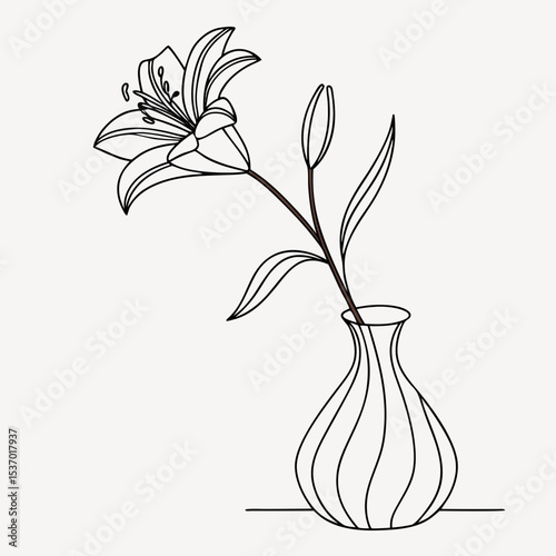 Single lily flower in elegant line art vase minimalist design