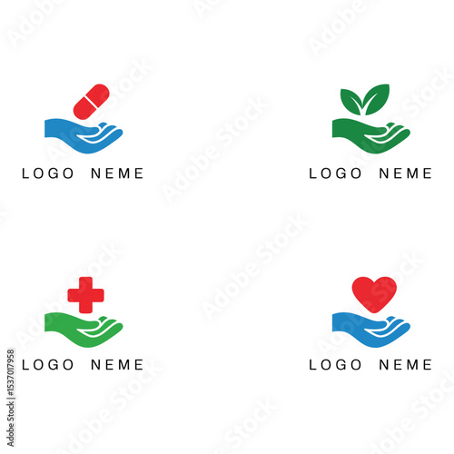 Medical logos with hand holding pill cross heart and leaf isolated