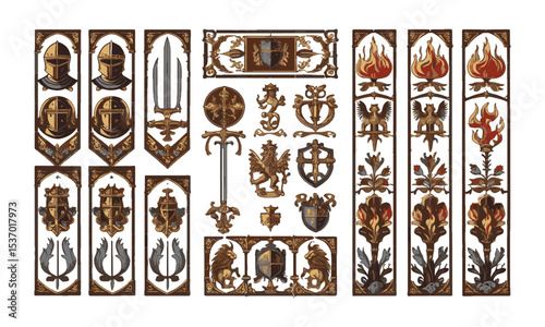 Vector illustration inspired by a medieval heraldic and Gothic ornamental motif collection, such as knight helmets, swords, lions, griffins, dragons, Pegasus, flaming torches, easily editable.