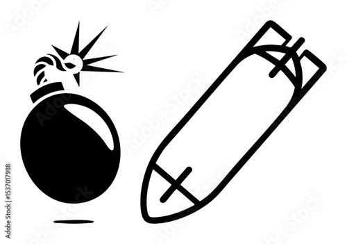 Vector Explosive ordnance depicting a detonating bomb and aerial projectile.