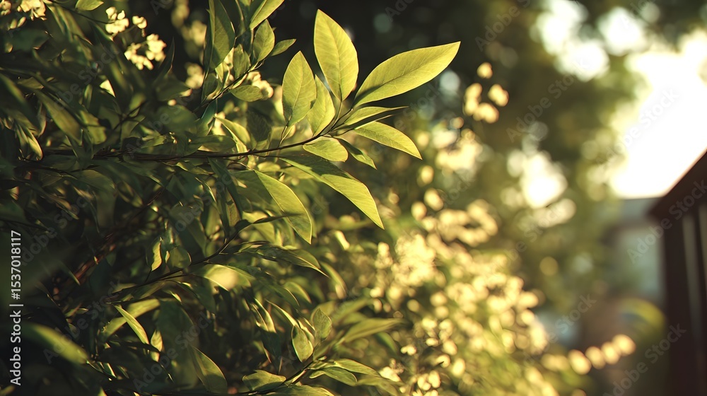 Fototapeta premium Lush green leaves and delicate white flowers illuminated by soft sunlight in a tranquil garden setting