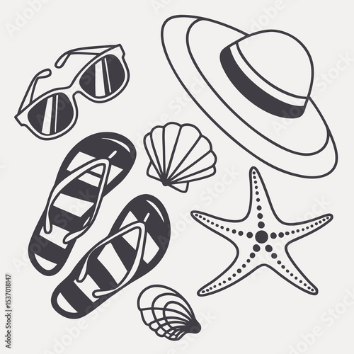 Summer vacation essentials sunglasses hat flip flops seashells starfish
