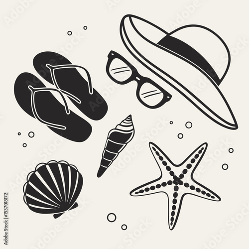 Summer vacation essentials sun hat sunglasses flip flops seashells starfish