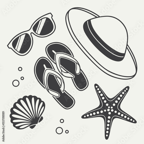 Summer vacation essentials sunglasses hat flip flops starfish seashell