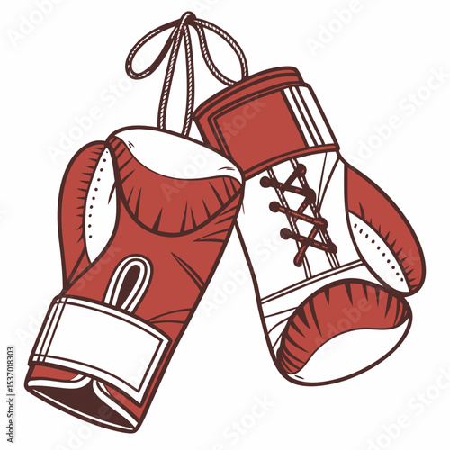 Red boxing gloves hanging on rope sport equipment