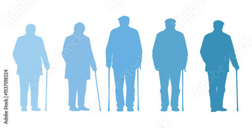 Blue gradient silhouettes of elderly people with canes, standing positions, minimalistic design