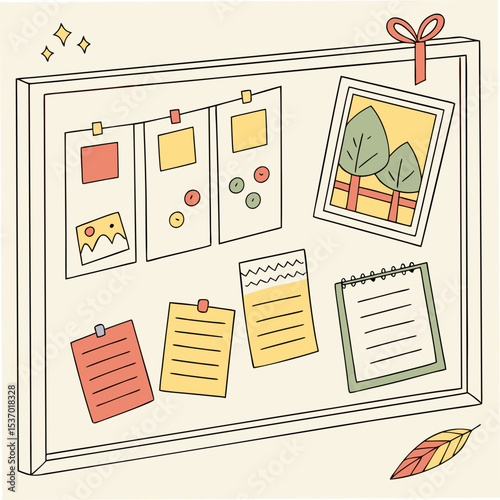 Cute illustrated notice board with notes and photos on white background