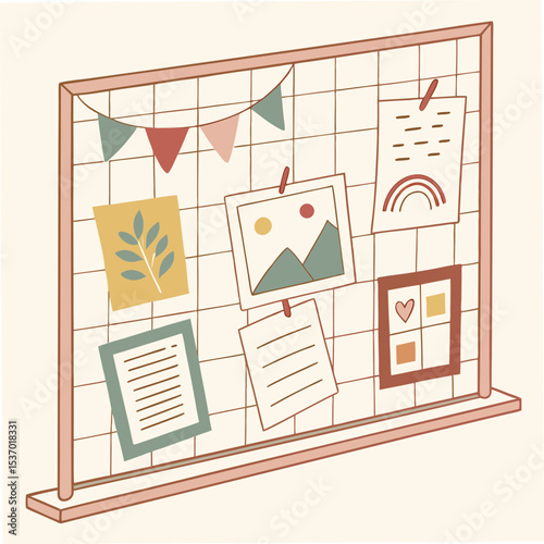 Aesthetic memo board with pictures and notes on white background