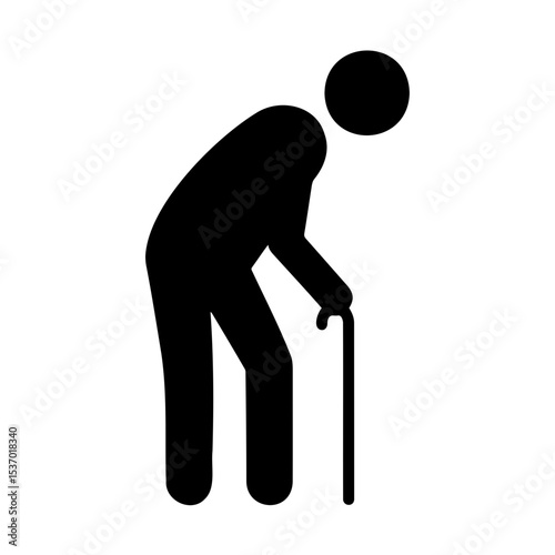 Elderly person with cane symbol, minimalistic design, black silhouette on white background
